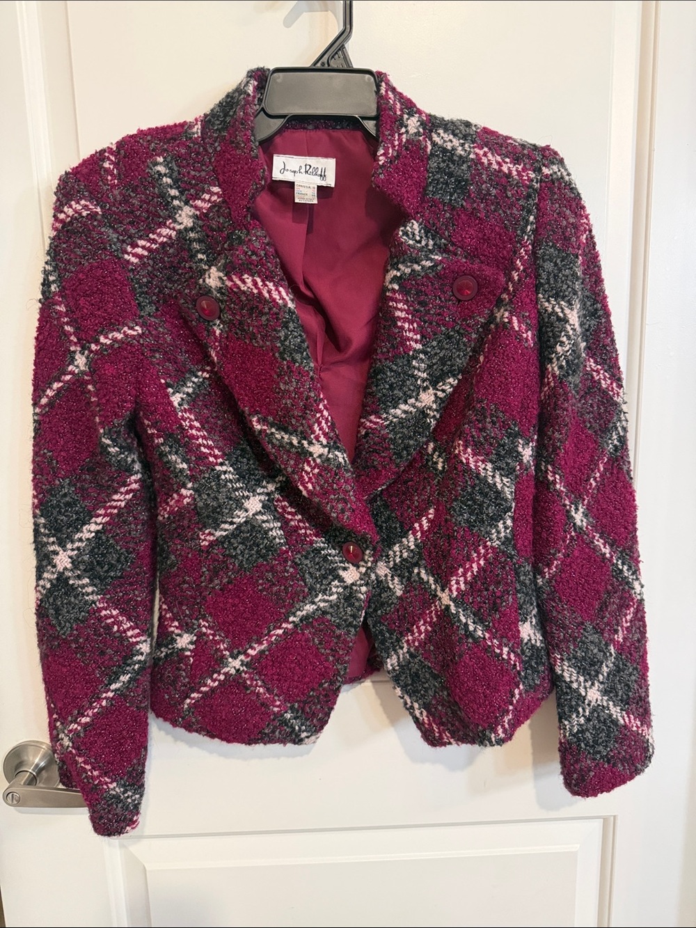 Joseph Ribkoff Raspberry Plaid Bouclé Blazer with Black and Cream Accents